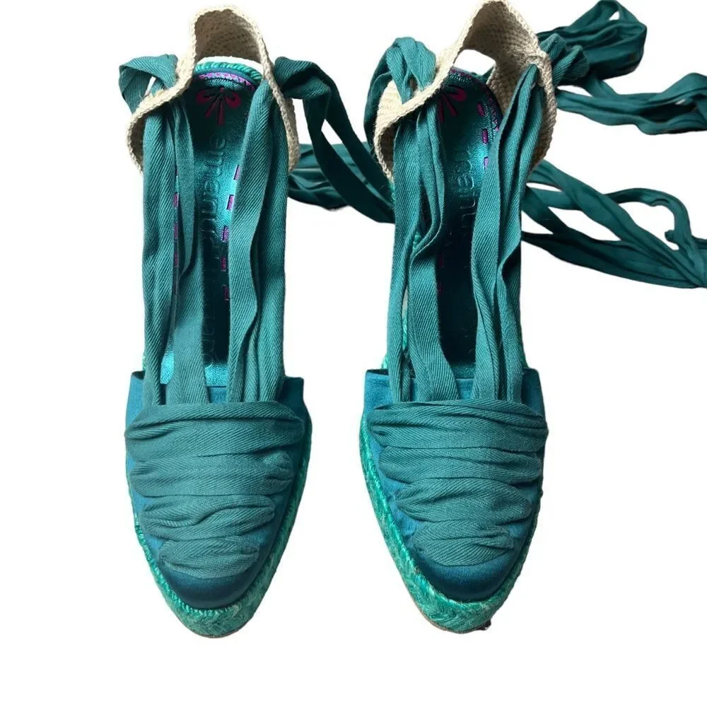 NWOT Emanuel Ungaro FAB Wedge Espadrilles in Teal Silk w/Sexy Lace-Up Design 8